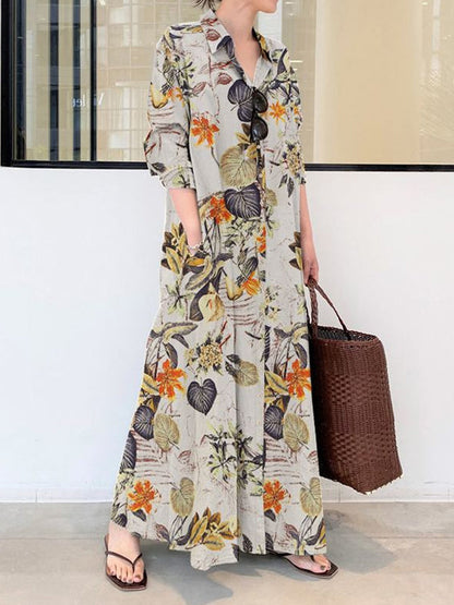 Loose Plus Size Printed Split-Joint Lapel Maxi Dress Shirt Dress