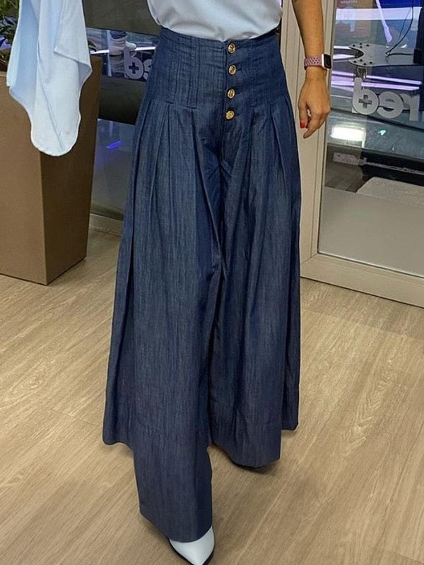 High Waisted Loose Buttoned Pleated Pockets Solid Color Jeans Bottoms