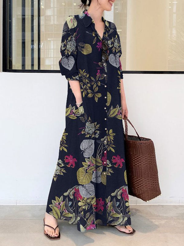 Loose Plus Size Printed Split-Joint Lapel Maxi Dress Shirt Dress