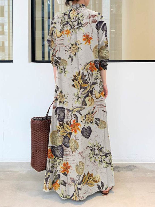 Loose Plus Size Printed Split-Joint Lapel Maxi Dress Shirt Dress