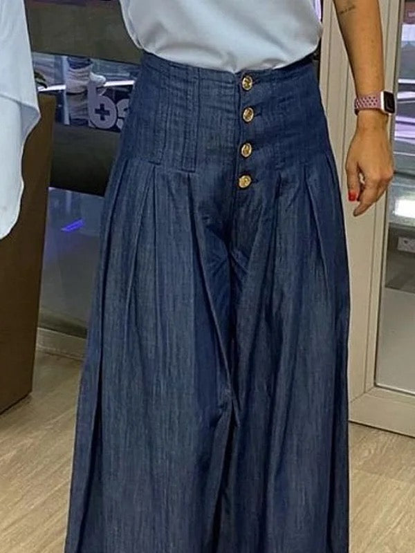 High Waisted Loose Buttoned Pleated Pockets Solid Color Jeans Bottoms