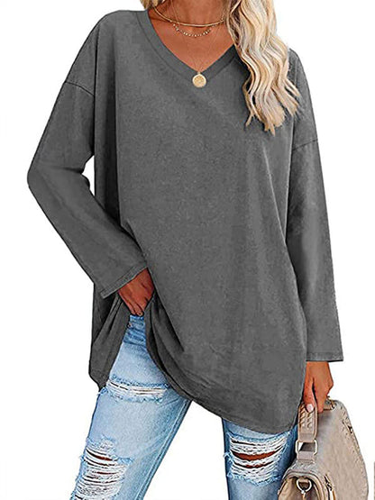 Long Sleeve Loose See-Through Solid Color Split-Joint V-Neck T-Shirts