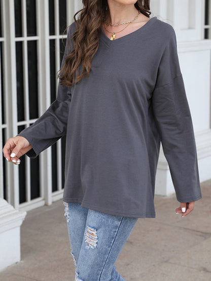 Long Sleeve Loose See-Through Solid Color Split-Joint V-Neck T-Shirts