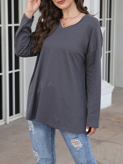 Long Sleeve Loose See-Through Solid Color Split-Joint V-Neck T-Shirts