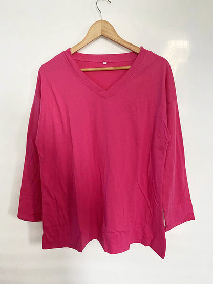 Long Sleeve Loose See-Through Solid Color Split-Joint V-Neck T-Shirts