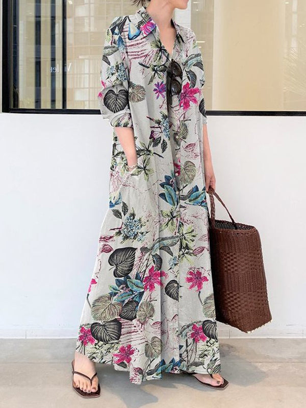 Loose Plus Size Printed Split-Joint Lapel Maxi Dress Shirt Dress