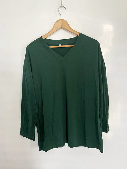 Long Sleeve Loose See-Through Solid Color Split-Joint V-Neck T-Shirts