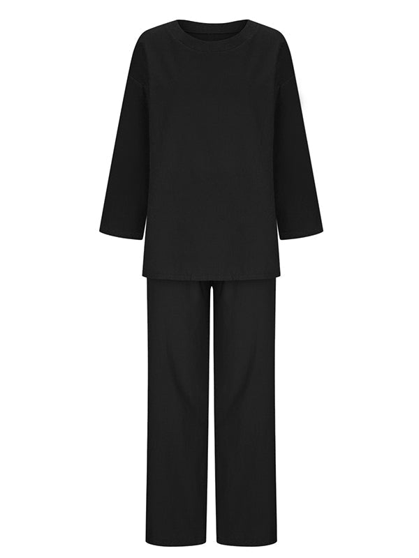 Solid Color Loose Long Sleeve Round Neck Shirt Top + Drawstring Pants Two-Piece Set