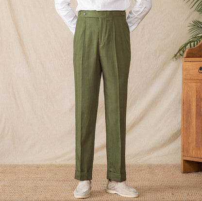 Marbella Cotton Linen Straight Fit Pleated Trousers