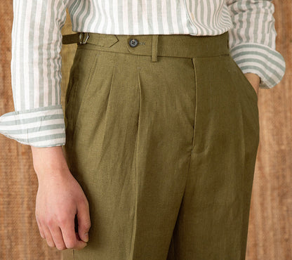 St. Julian Linen Straight Fit Pleated Trousers