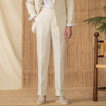 Marbella Cotton Linen Straight Fit Pleated Trousers