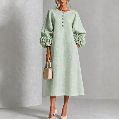 Theodosia Rosette-Cuff Button Midi Dress