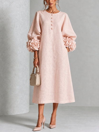 Theodosia Rosette-Cuff Button Midi Dress