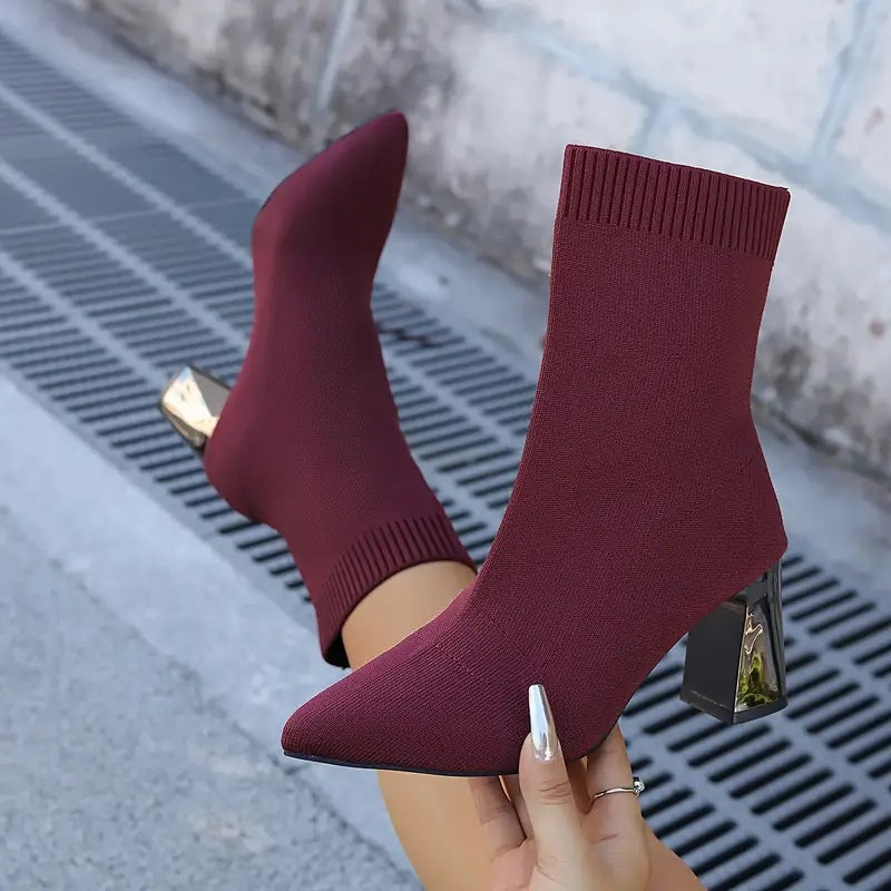 Celestine Pointed-Toe Knit Heel Boots