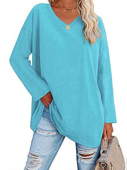 Long Sleeve Loose See-Through Solid Color Split-Joint V-Neck T-Shirts