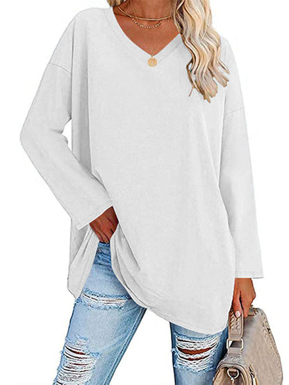 Long Sleeve Loose See-Through Solid Color Split-Joint V-Neck T-Shirts