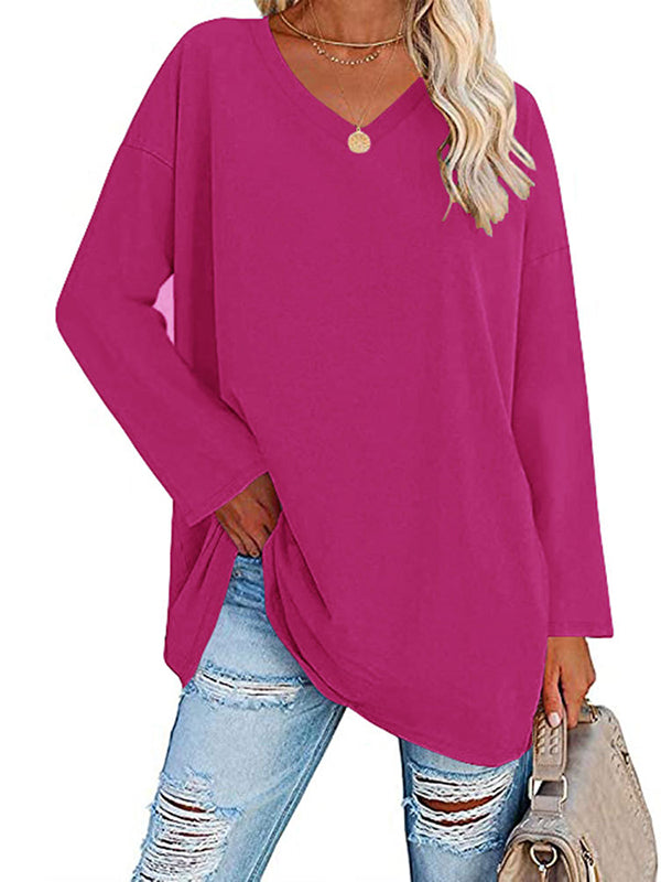 Long Sleeve Loose See-Through Solid Color Split-Joint V-Neck T-Shirts